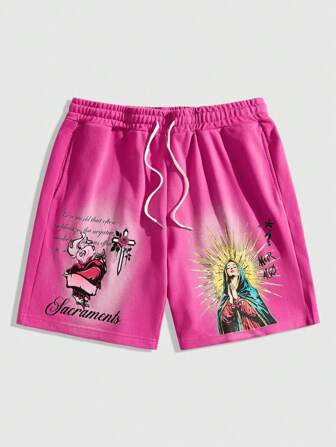 Street Life Pantalones cortos con cordón en la cintura y estampado de la Virgen María para hombre