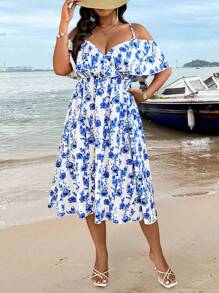 SHEIN Clasi Plus Size Women Off Shoulder Big Floral Cinched Waist Dress - Blue and White - View 5