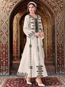 Al Najma 休闲朴素花卉印花 V 领长袖阿拉伯连衣裙 - 白色 - 查看 6