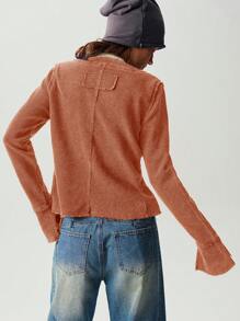 Bohemela 度假休闲纯色 V 领长袖修身常规女式 T 恤