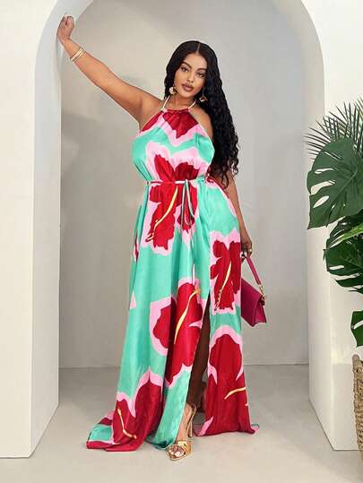 Slaydiva Vestido de verano sin mangas con cuello de halter, espalda abierta y estampado para mujeres talla grande - Vacaciones y minimalista y lujoso y elegante - Incluye collar