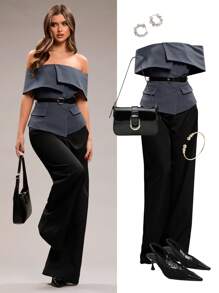 SHEIN BAE Women's Solid Color Off Shoulder Single-Breasted Blazer - Dark Grey - View 5