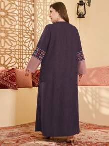 Al Najma Plus Size Women Embroidered Color Block Patchwork Round Neck Tasseled Decor Loose Fit Dress - Purple - View 2