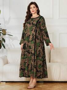 SHEIN Lacomfia Váy họa tiết hoa cỡ lớn phong cách cổ điển - màu xanh lá - Xem 6