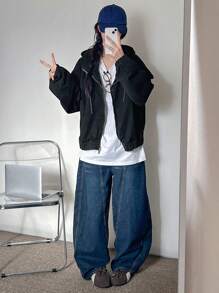 FRIFUL 女士宽松连帽牛仔外套，休闲款 - 黑色 - 查看 2