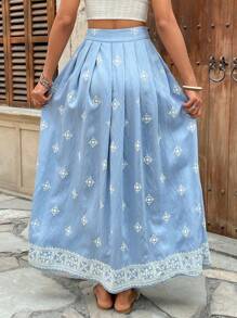 Breezaya 女士刺绣花朵褶皱 A 字裙 - 藍色 - 查看 2