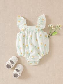 Souflis Souflis Baby Girls Sleeveless Floral Printed Crepe Romper, Summer