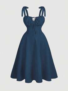 Flirla Plus Size Women's Solid Color Simple Daily Tie Belted Dress For New Year Clothes Maxi Women Outfit - Blue - View 1