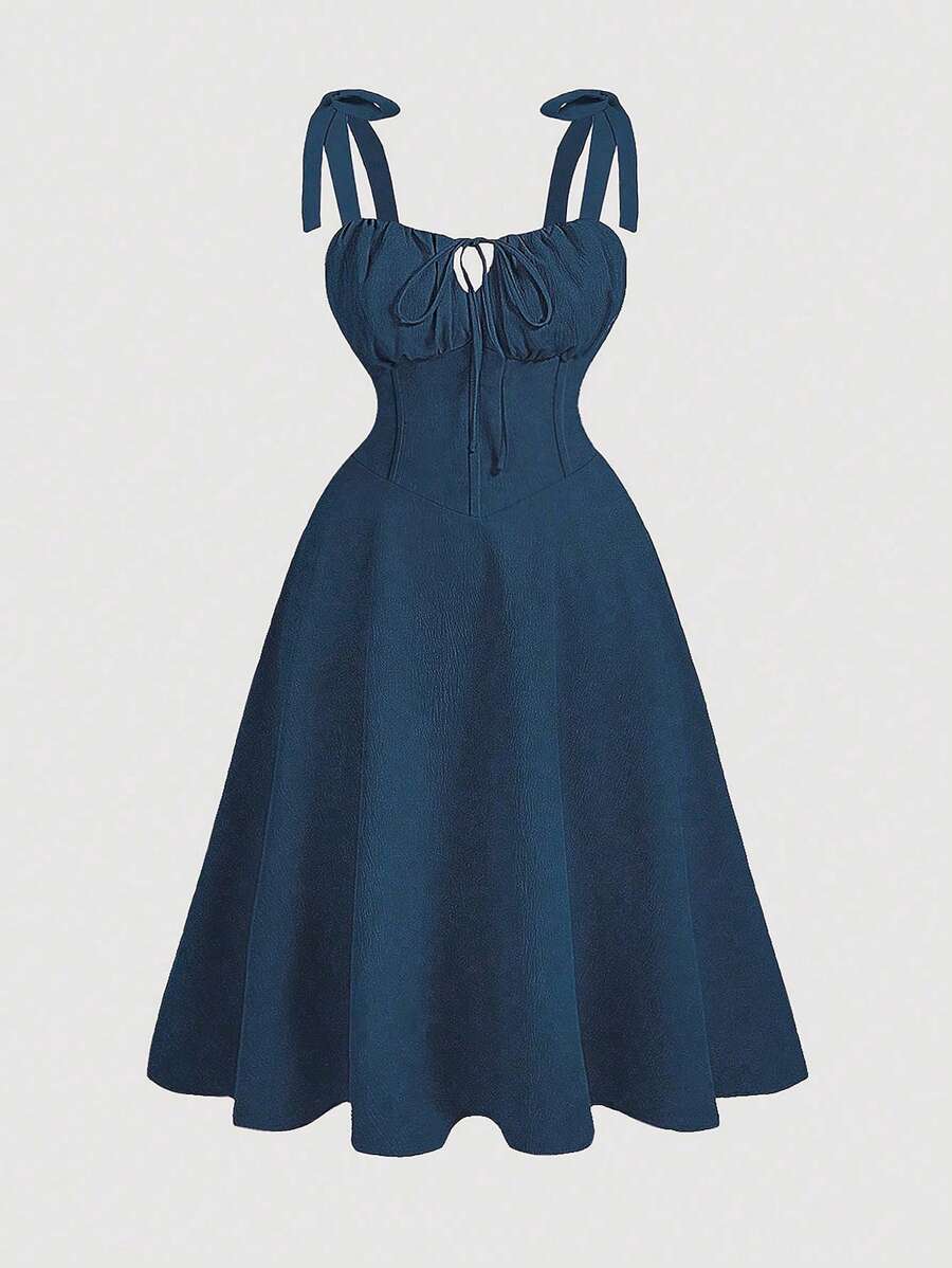 Flirla Plus Size Women's Solid Color Simple Daily Tie Belted Dress For New Year Clothes Maxi Women Outfit - Blue - View 1