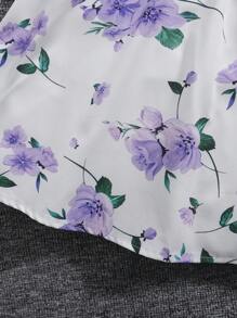 SHEIN 2pcs/Set Young Girl Floral Chinaware Print Dress & Ruffle Trim Cardigan Set,Holiday,Summer,Travel - Mauve Purple - View 5