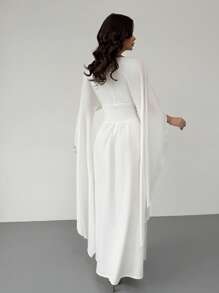 Firerie 女士优雅简约浪漫迷人 V 领宽松白色连衣裙，超长袖和束腰，适合约会、斋月、度假、春夏 - 白色 - 查看 4