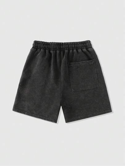 Street Life Pantalones cortos con cintura con cordón con letras y figuras impresas y desgastados para hombre