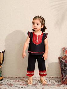 SHEIN Baby Girls' Sleeveless Apricot & Red Printed Top With Waist Tie And Pants Set, Summer - Black - View 3