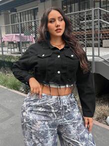 SHEIN ICON Plus Size Plain Front Button Long Sleeve Frayed Hem Simple Denim Jacket