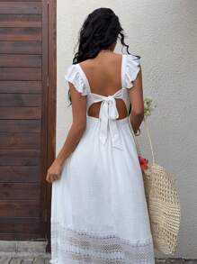 Sunnyshic Váy ren hở lưng đơn sắc giản dị cho kỳ nghỉ bãi biển hàng ngày đa năng dành cho nữ, mùa xuân/hè - trắng - Xem 4