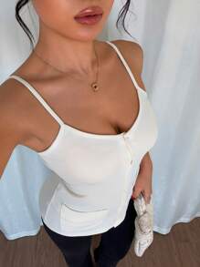SHEIN Unity Casual Commuter Minimalist Solid Color Front Button Camisole - Apricot - View 4
