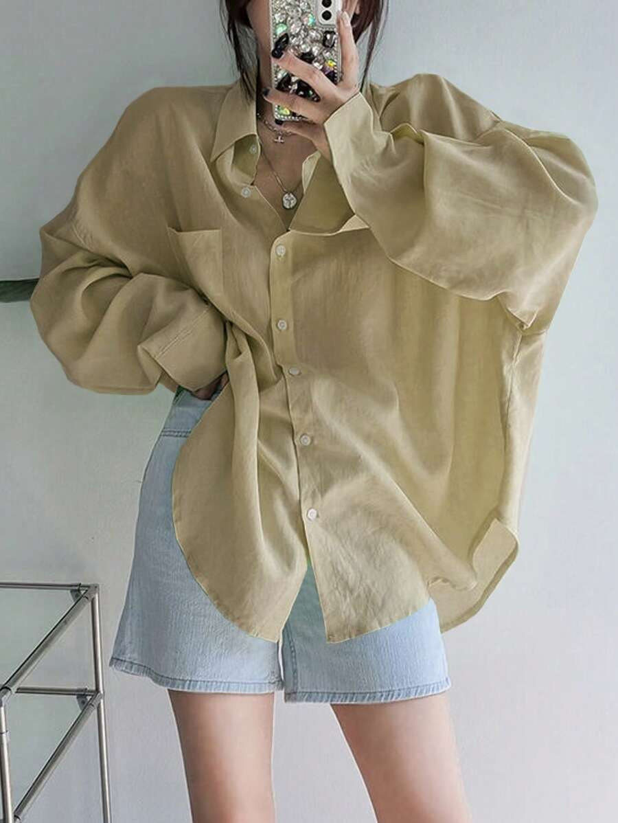 DAZY Women's Solid Color Regular Collar Oversized Shirt Long Sleeve Top - Khaki - View 1