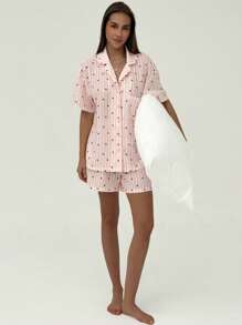 Aloruh 2 件女士条纹心形印花短袖短裤套装 - 粉色 - 查看 5