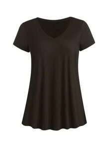 Calvaya Plus Size Casual Versatile Simple Solid Curved Hem T-Shirt - Brown - View 4