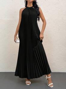 SHEIN Privé Apricot Elegant Vacation/Commute/Party Tie Neck Sleeveless Pleated Hem Maxi Dress