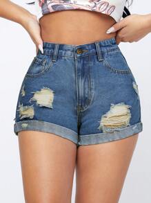 SHEIN Essnce Relaxed Washed Fray Hem Distressed Denim Shorts - Medium Wash - View 1