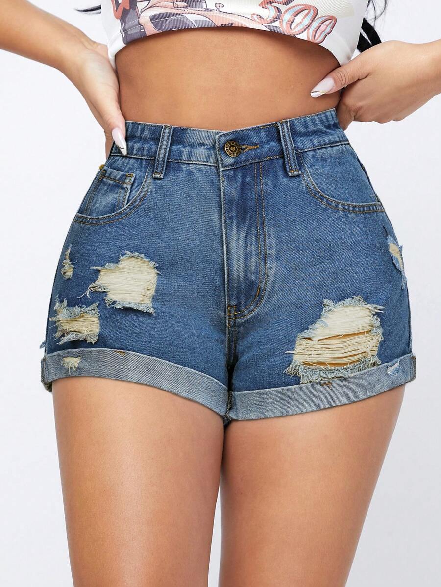 SHEIN Essnce Relaxed Washed Fray Hem Distressed Denim Shorts - Medium Wash - View 1
