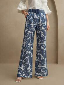 Anewsta Tropical Rainforest Print Long Flared Waisted Urban Dress Pants, Spring/Summer - Blue - View 1