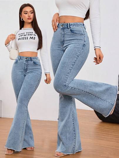 SHEIN Tall Quần Jeans Ống Rộng Có Khóa Kéo Túi Màu Trơn, Thích Hợp Mặc Hàng Ngày