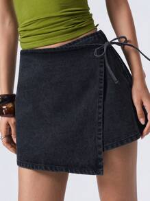 LYSMO Women's Black 2 In 1 Lace Up Denim Shorts