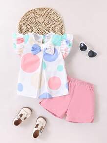 2 件套幼儿女孩可爱波尔卡圆点印花蝴蝶结装饰荷叶边上衣和短裤套装，适合夏季外出、度假和日常穿着