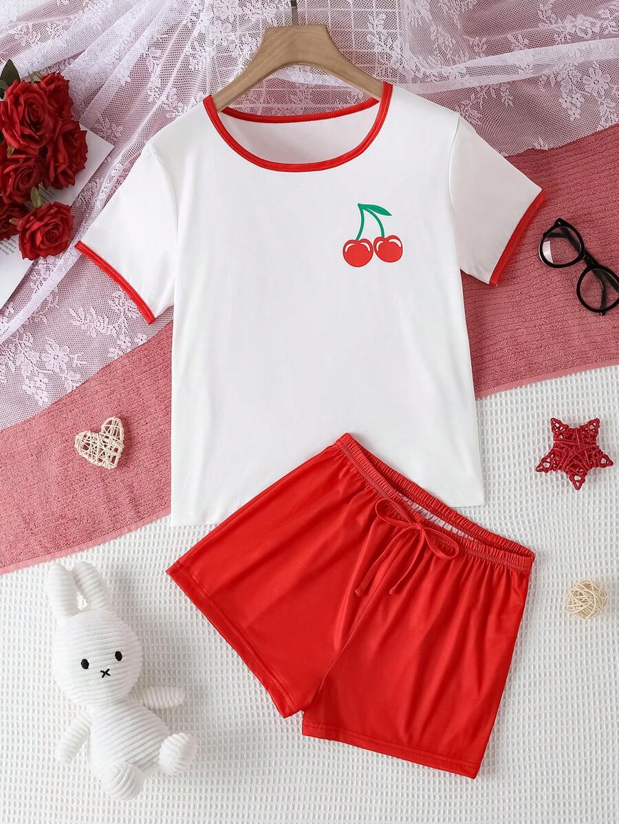 2pcs Women Contrast Color Cherry Print Drawstring Shorts Sleepwear Set - Multicolor - View 1