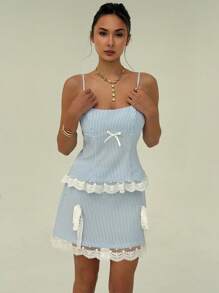 Aloruh Damen 2 Stücke Set mit Schleife, gestreiftem Camisole-Top und Minirock