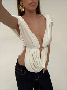 Aloruh 全新纯白色低胸性感深 V 领金属纽扣装饰开衩垂坠无袖优雅露肩衬衫