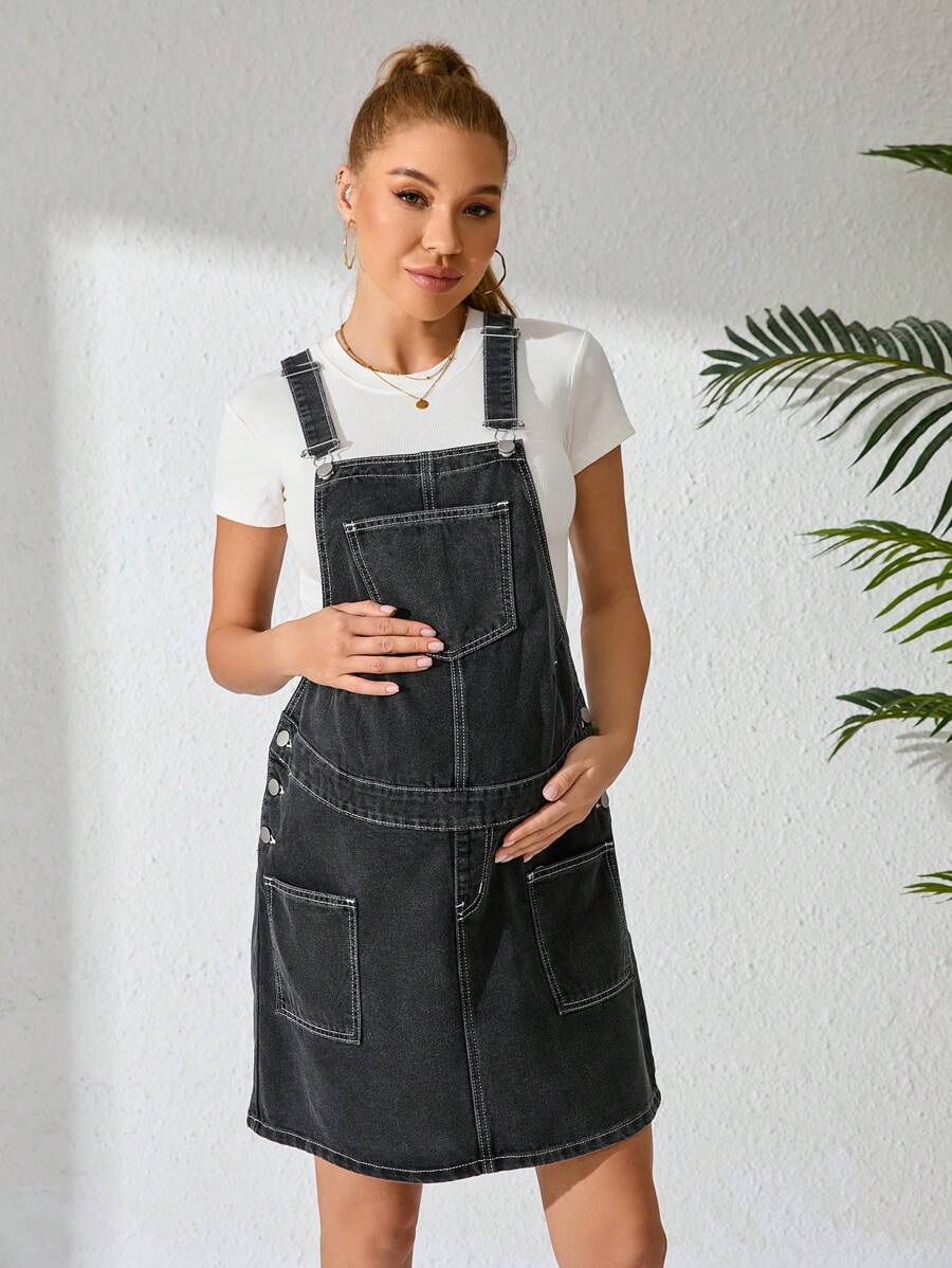 SHEIN Pregnant Women Pocketed Button Design Casual Denim Overall Dress - Black - View 1