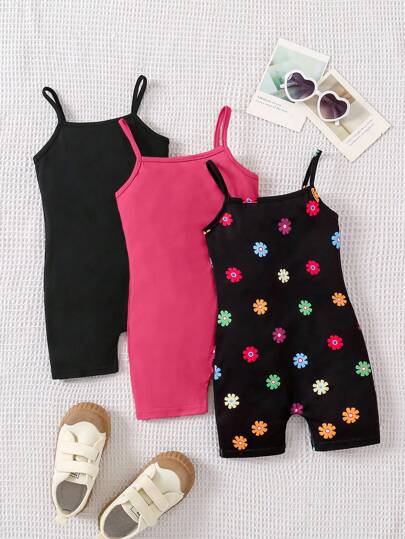 SHEIN Conjunto de 3 piezas para niña: Mono de punto de unicolor + Mono informal de punto con estampado floral