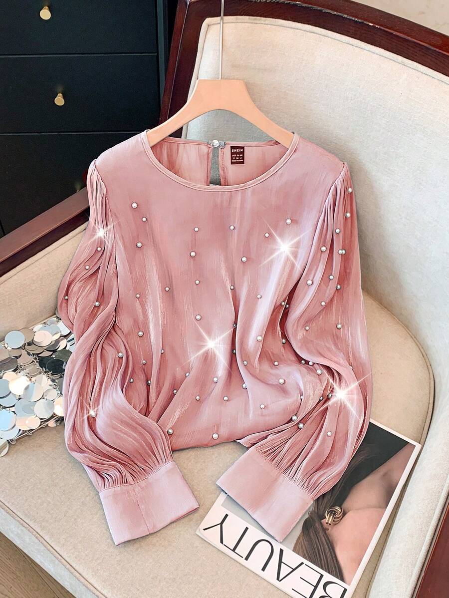 SHEIN Clasi 大码女式纯色圆领长袖奢华装饰衬衫 - 粉色 - 查看 1