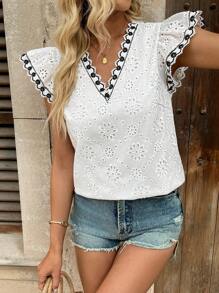Breezaya Women's Casual Vacation Elegant Cute Faux Linen Eyelet Embroidery Ruffle V-Neck Spliced Lace Trim Cap Sleeve Loose Cap Sleeve Blouse, Spring/Summer Romantic Elegant Concert Going Out Tops Boho Concert Women White And Black Contrast Blouse