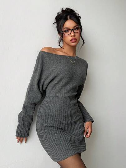 Aloruh 现代不对称肩部花卉灰色紧身迷你针织毛衣连衣裙，适合秋冬季节保暖