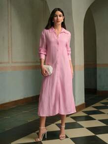 ZEYLAH Women's Pink Long Single-Breasted Slit Hem Casual Shirt Dress