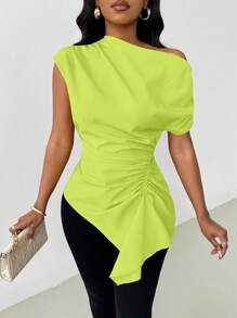 VaVaBold Camicetta di moda da donna con scollo asimmetrico verde fluorescente e arricciatura