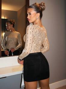 Glamine Sparkling Beaded Crew Neck Long Sleeve Slim Fit Mesh T-Shirt Going Out Tops - Apricot - View 2