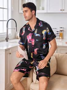 CoupledUp Cute & Interesting Western Style Satin Collar Men's Pajama Set - Multicolor - View 4