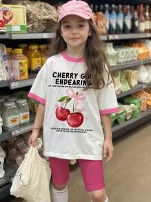SHEIN Leap Crew 2 件可爱蝴蝶结和樱桃印花休闲少女短袖 T 恤和短裤套装，适合夏季 - 彩色 - 查看 2