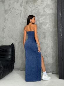 SHEIN ICON Women Casual Denim Bodycon Tube Dress, Blue High Stretch Denim High Slit - Medium Wash - View 2