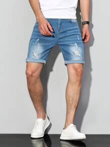 Manfinity Homme 大码男式休闲洗水破洞牛仔短裤 - 淺色水洗藍 - 查看 1