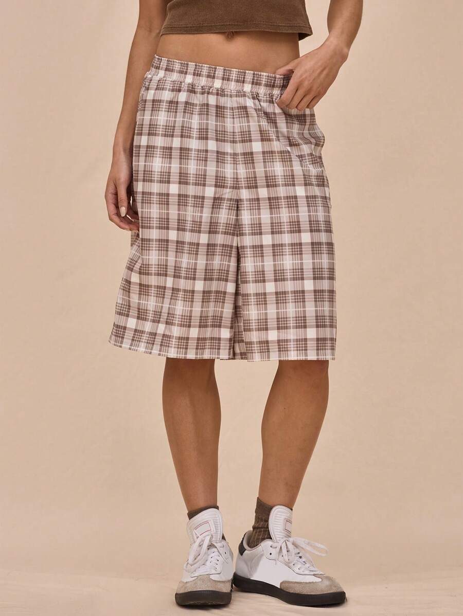 MUSERA 低腰宽松格纹长款短裤，街头风，90年代夏季，书店时尚优雅款