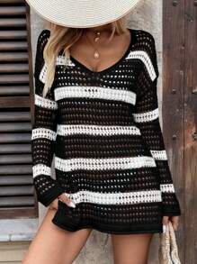 Breezaya Casual Loose Contrast Striped Hollow Out Knit Cover Up