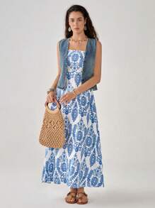 Florisole Blauwe mouwloze vintage printjurk voor dames voor de zomer