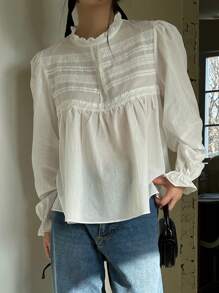 DAZY Áo sơ mi nữ cổ đứng, ren, màu trơn, tay dài, bèo nhún, quần áo mùa thu - trắng - Xem 3