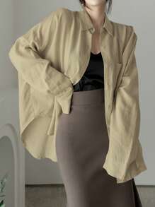 DAZY Women's Solid Color Regular Collar Oversized Shirt Long Sleeve Top - Khaki - View 4